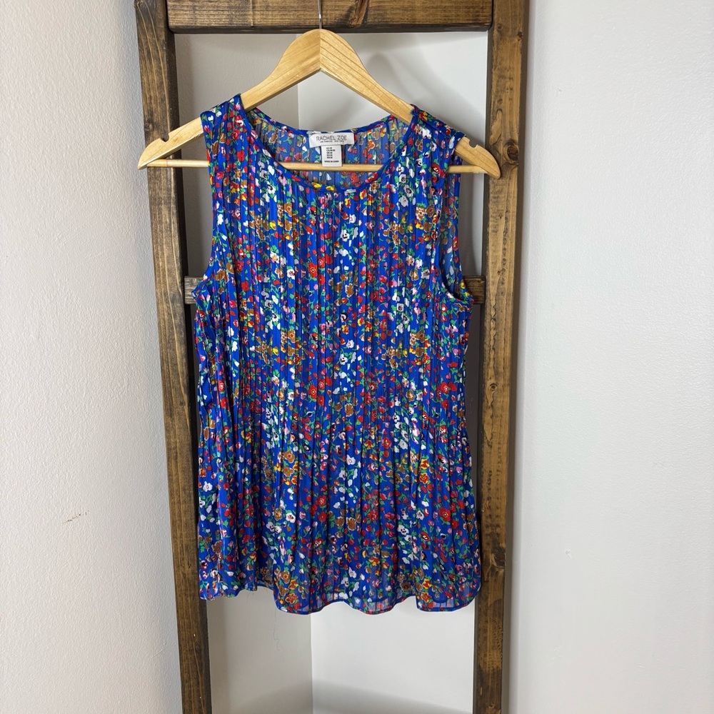 Rachel Zoe Blue Floral Pleated Tank Top Size M